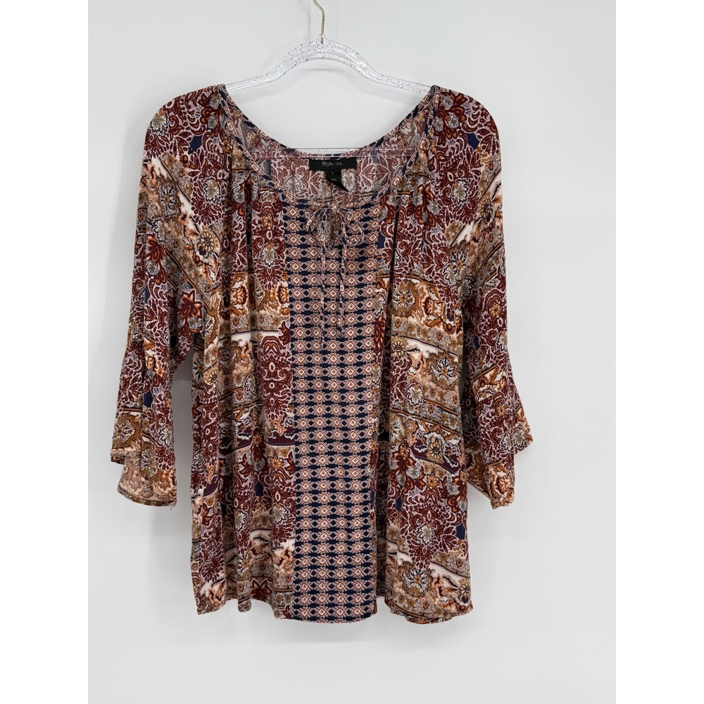 Style & Co Womens Boho Paisley Print 3/4 Bell Sleeve Tie Neck Blouse Maroon Sz L